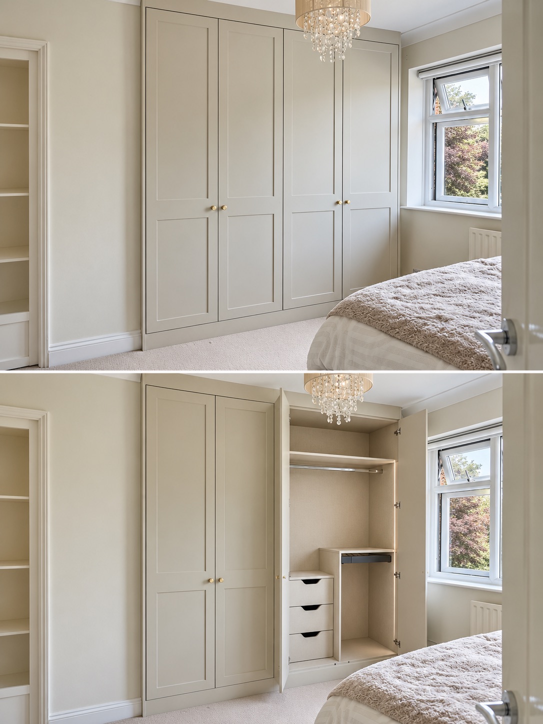 Rockingham Super Matt Mussel alcove wardrobes in Bishop’s Stortford