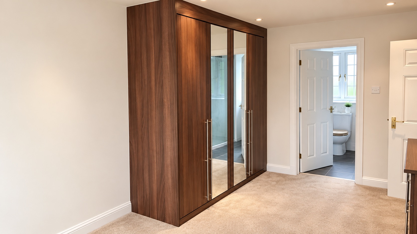 Walnut mirrored fitted wardrobes in Emerson Park Hornchurch with mirrored centre doors