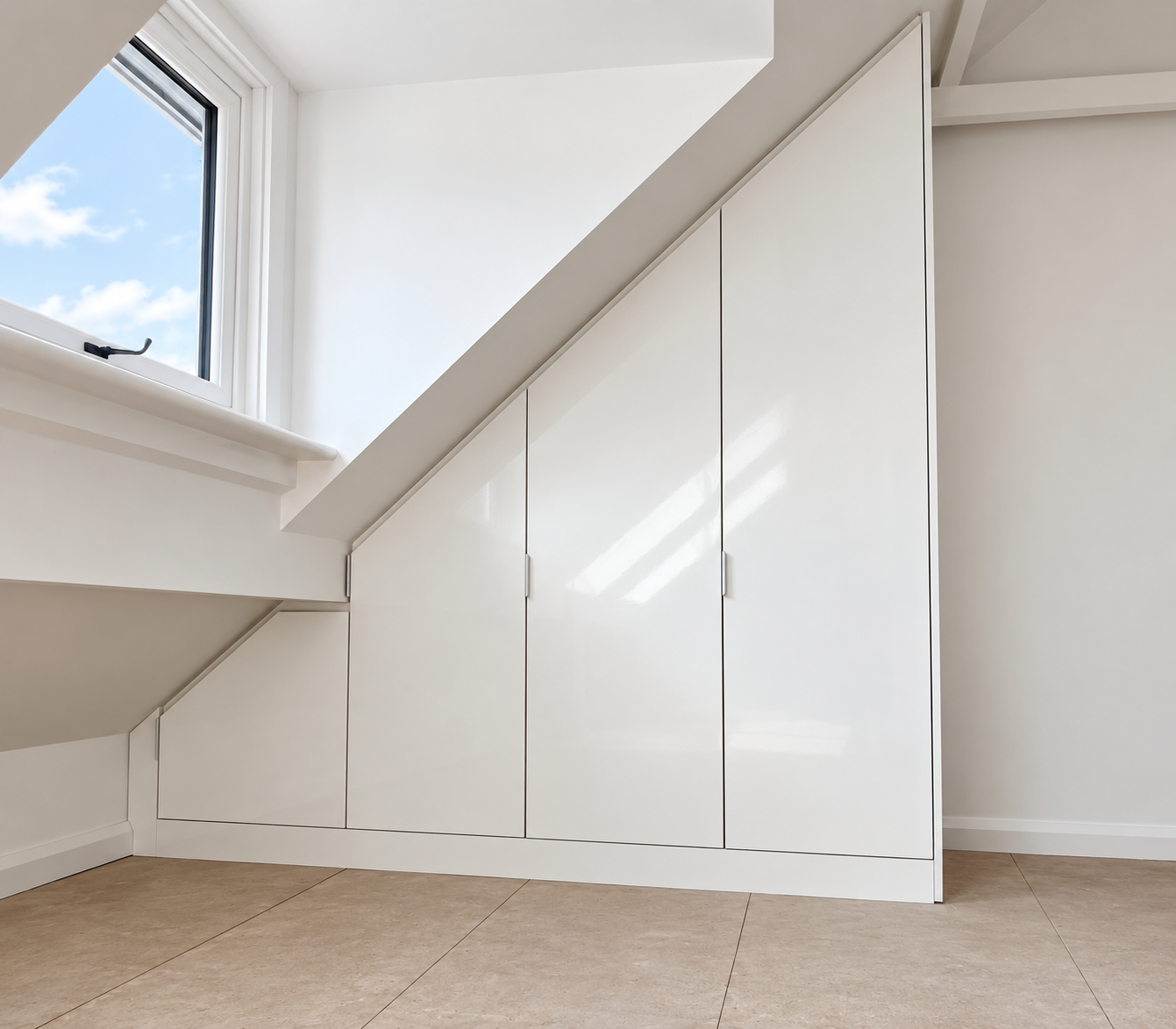 Angled fitted wardrobes designed around sloping eaves and exposed beams in Walberswick Suffolk