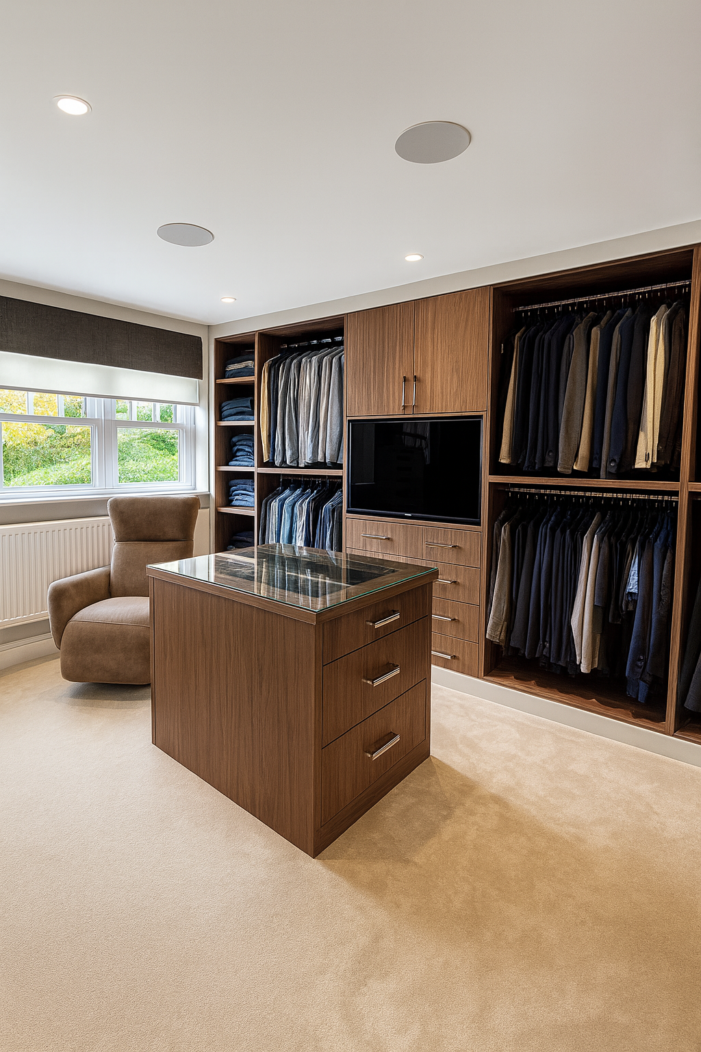 Walk-in wardrobe interior with fitted hanging space, drawers, shelving and storage