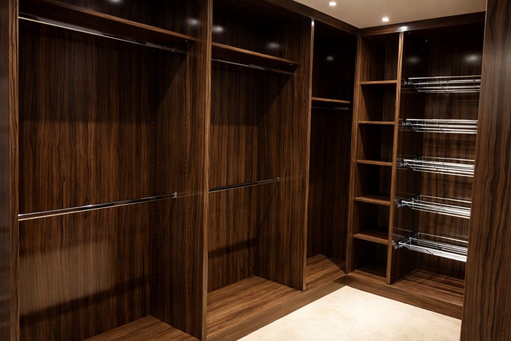 Gloss Walnut Walk In Wardrobe in Loughton | Simply Fitted Wardrobes Gloss Walnut Walk In Wardrobe in Loughton | Simply Fitted Wardrobes