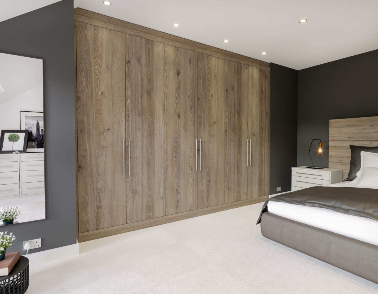 Croft woodgrain fitted wardrobes with contemporary oak-effect doors