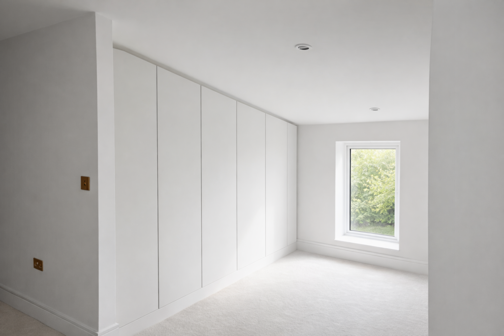 sloped-ceiling-wardrobes-hertford-walk-in-her-side Blyton Range porcelain walk-in wardrobe in a Hertingfordbury barn conversion featuring bespoke angled shelving and double hanging space.